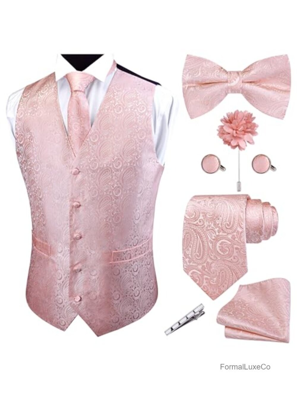 Men's Formal Vest Paisley Jacquard 7 Piece Set with Tie, Bow Tie, Cufflinks